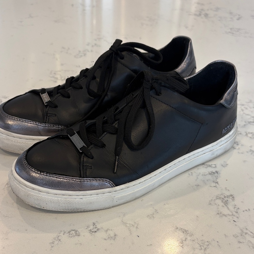 Saint & Sofia Black Leather Sneakers with Metallic Silver Accents